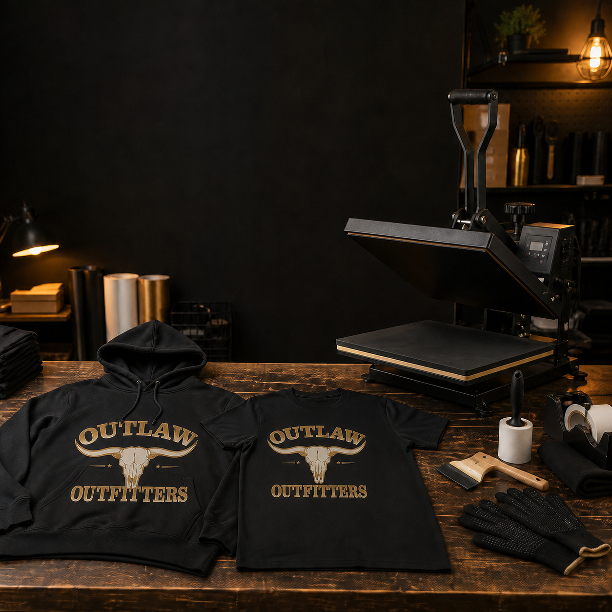 Custom Apparel: Black hoodie and shirt beside an apparel heat press